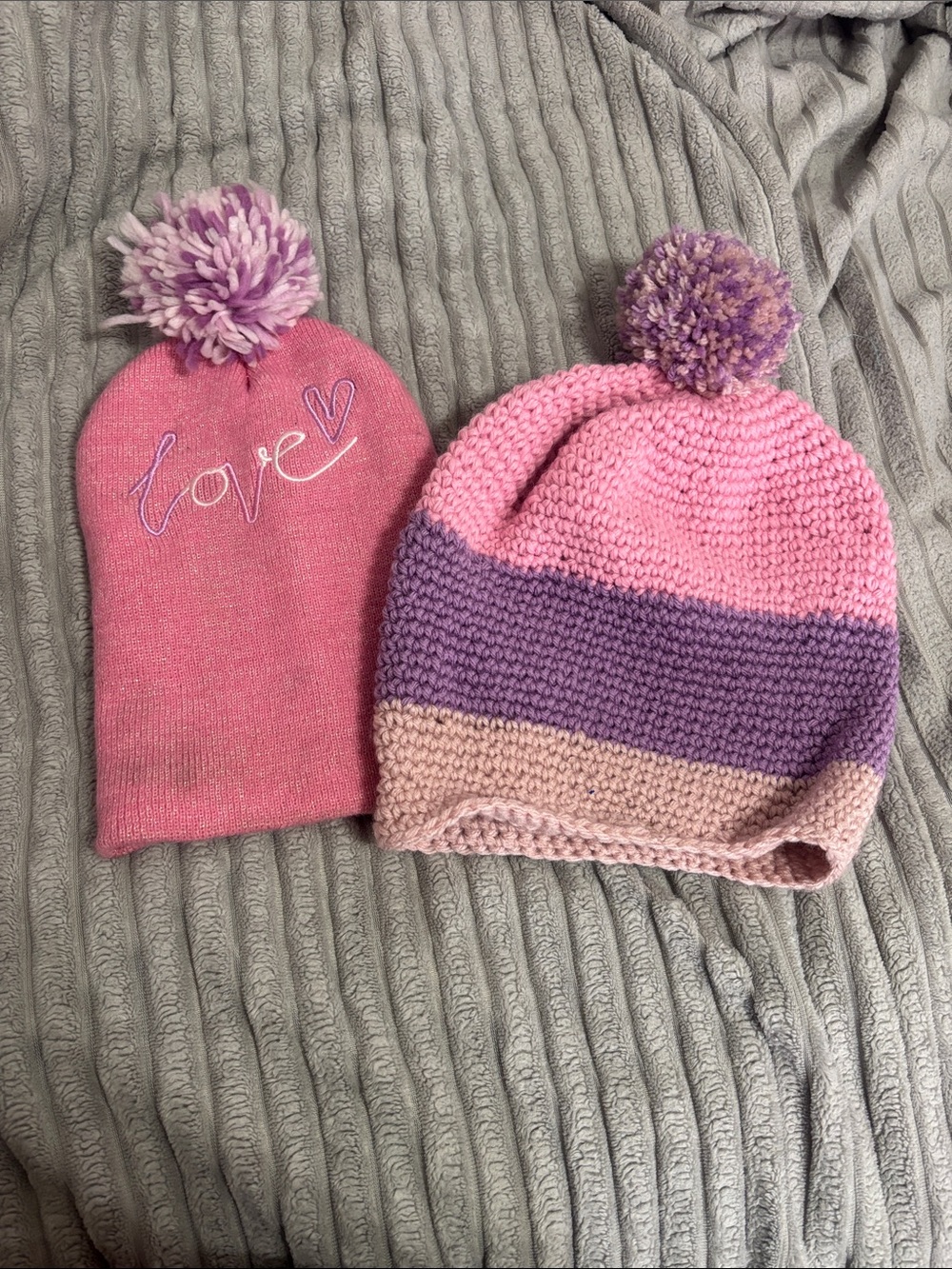 Kids Pink & Purple Pom Knit Beanie Hat -